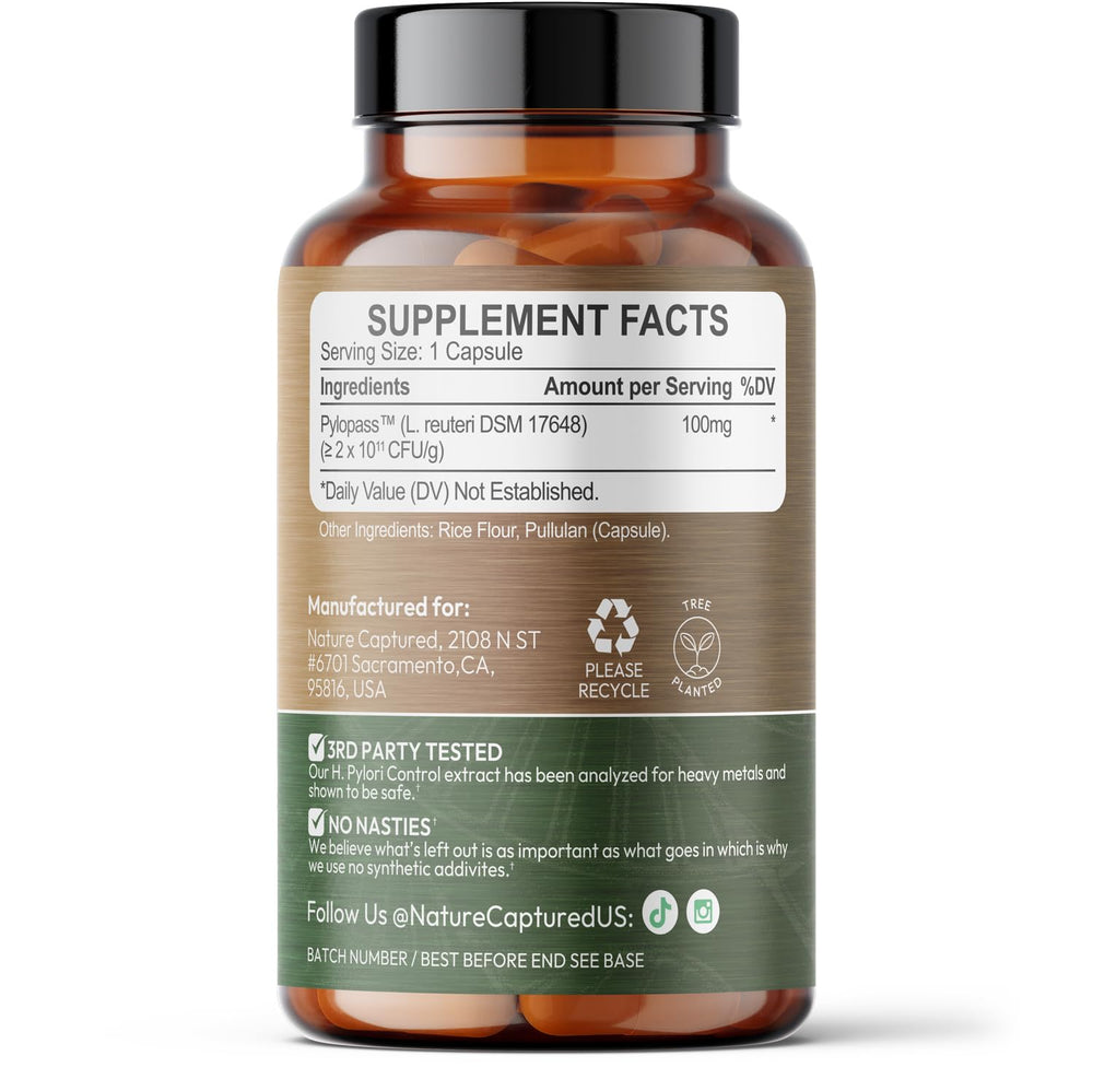 Nature Captured H Pylori Control label close-up; shows strain DSM 17648 and vegan formula.