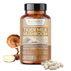Nature Captured Tiger Milk Mushroom Extract bottle front showing premium LiGNO TM02 for respiratory and cognitive support.