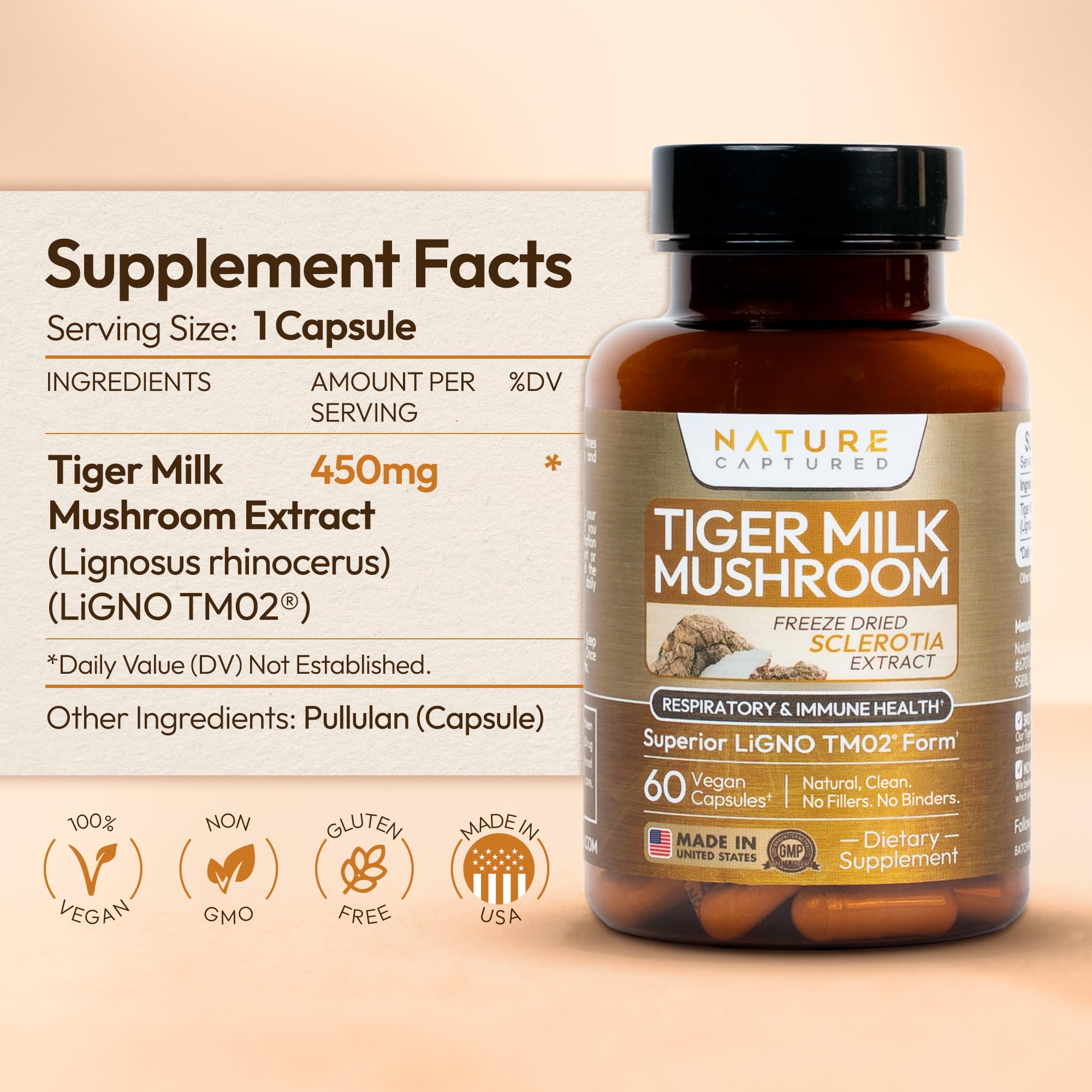 Nature Captured Tiger Milk Mushroom Extract pack on counter ready for daily wellness.
