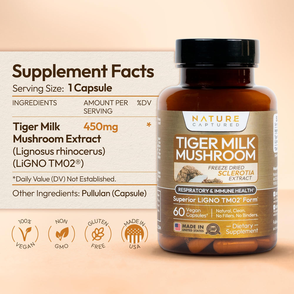 Nature Captured Tiger Milk Mushroom Extract pack on counter ready for daily wellness.