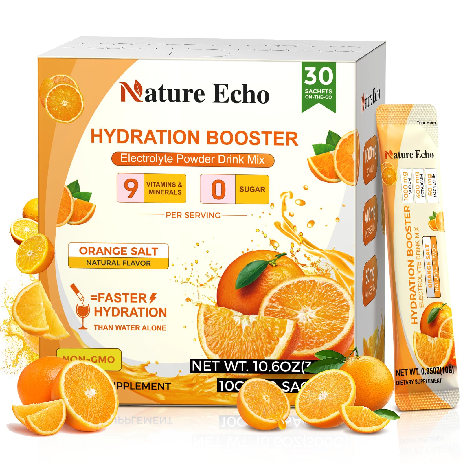 Nature Echo 1000mg electrolyte packets, bottle pour, fast hydration for intense workouts