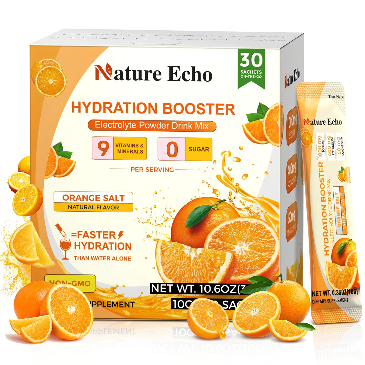 Nature Echo 1000mg electrolyte packets, bottle pour, fast hydration for intense workouts