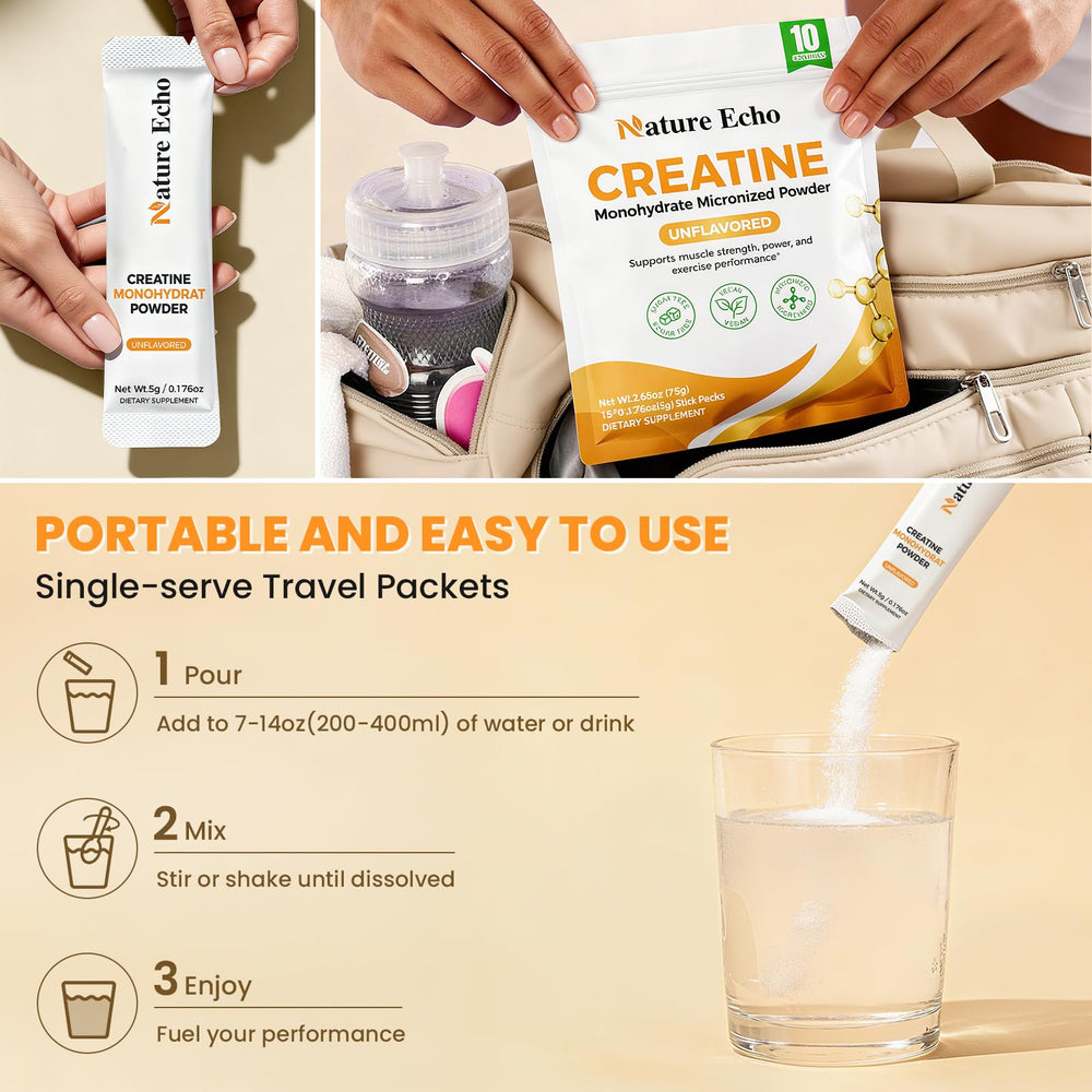 Nature Echo Creatine Monohydrate fast-dissolve formula prevents grit in drinks.