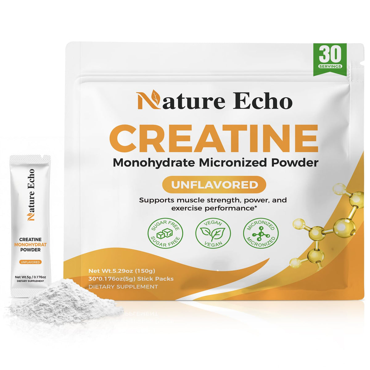 Nature Echo Creatine Monohydrate single-serve packets for on-the-go use.