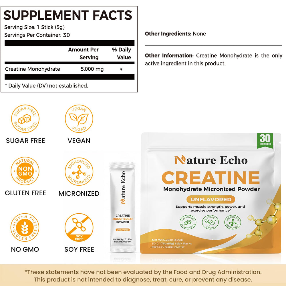 Nature Echo Creatine Monohydrate vegan gluten-free formula for clean nutrition.