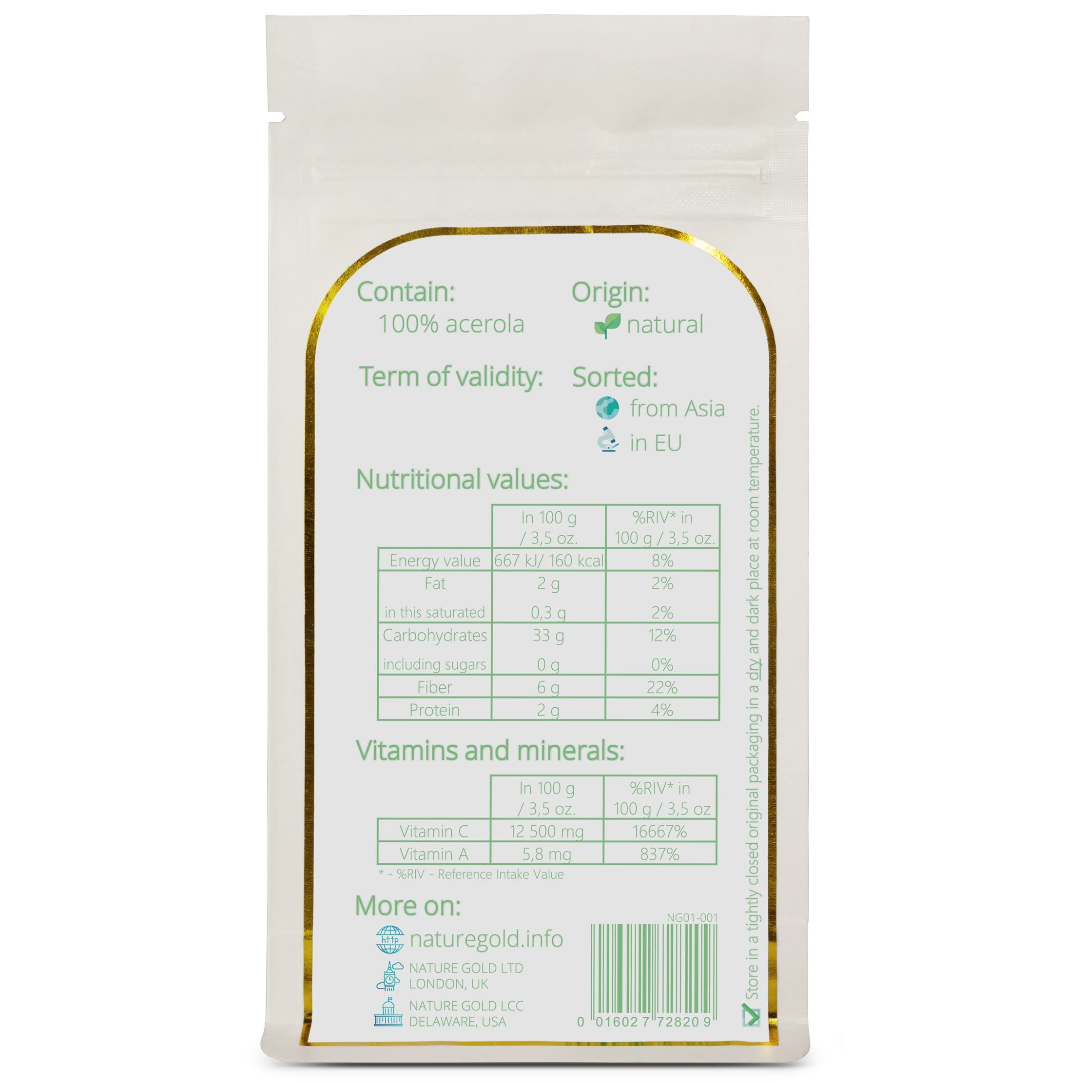 Nature Gold Acerola Powder bottle label highlights purity and no additives.