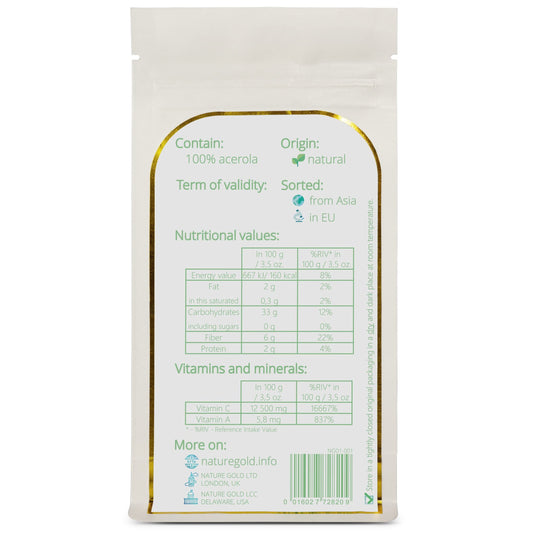 Nature Gold Acerola Powder bottle label highlights purity and no additives.