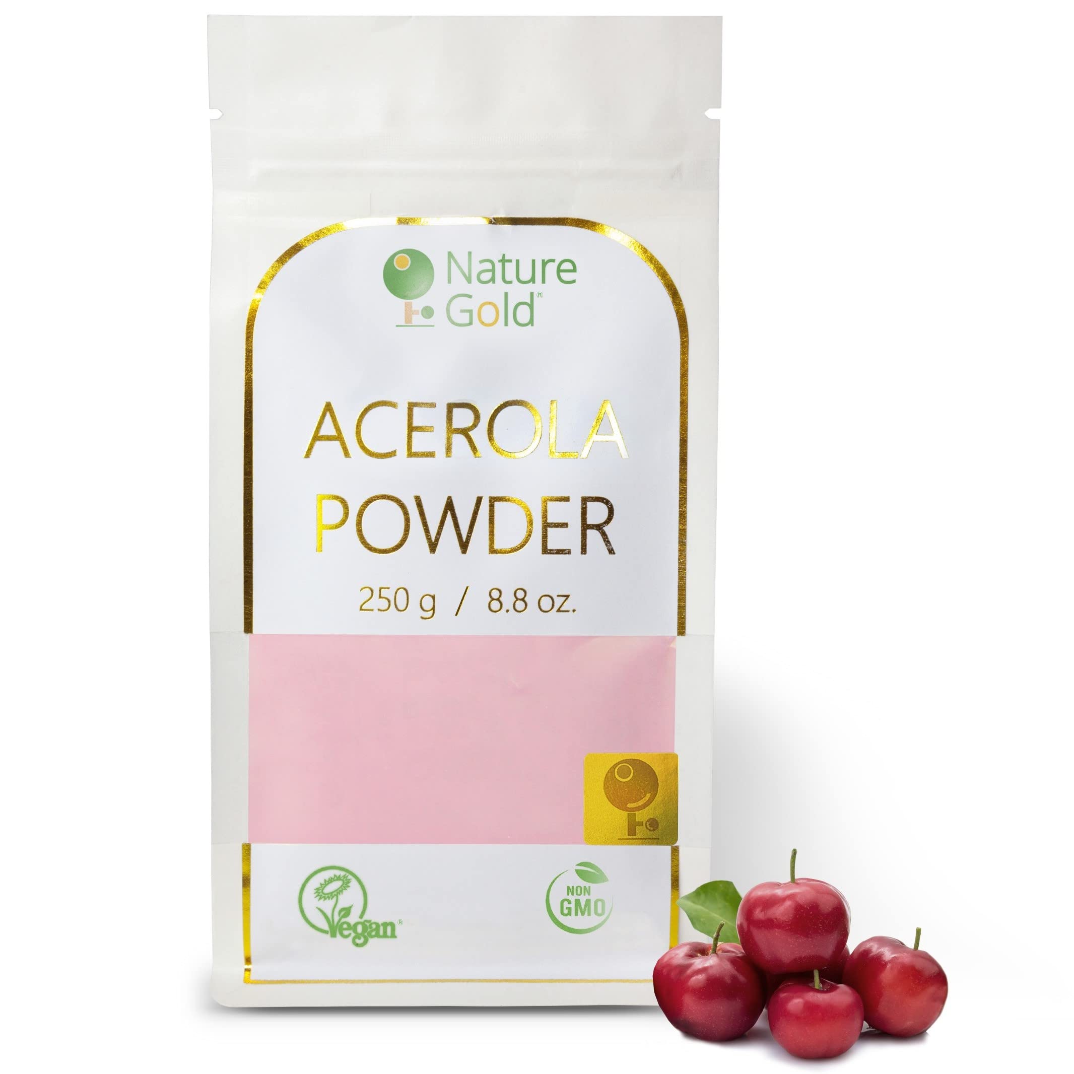 Nature Gold Acerola Powder jar shows pure powder for daily vitamin C support.