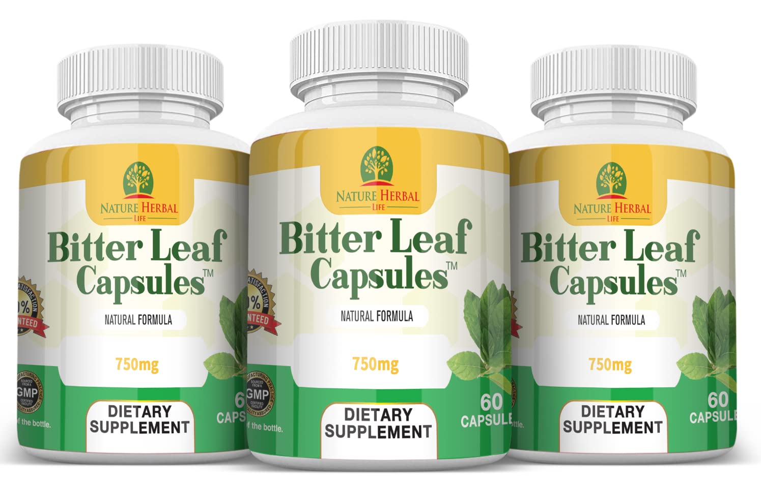 Closeup of Nature Herbal Life Bitter Leaf Capsules emphasizes easy-to-swallow design.
