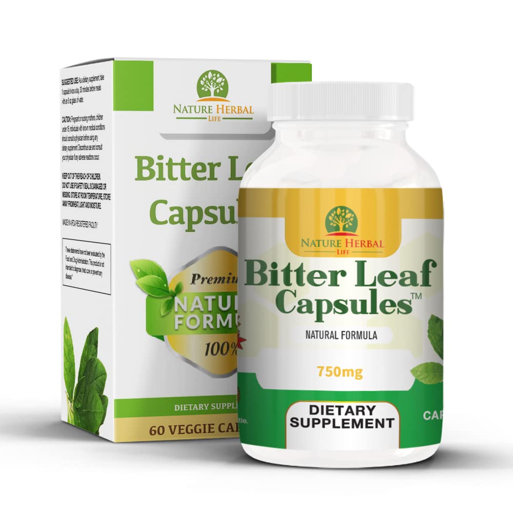 Nature Herbal Life Bitter Leaf Capsules packaging highlights a 60-count bottle for daily wellness.