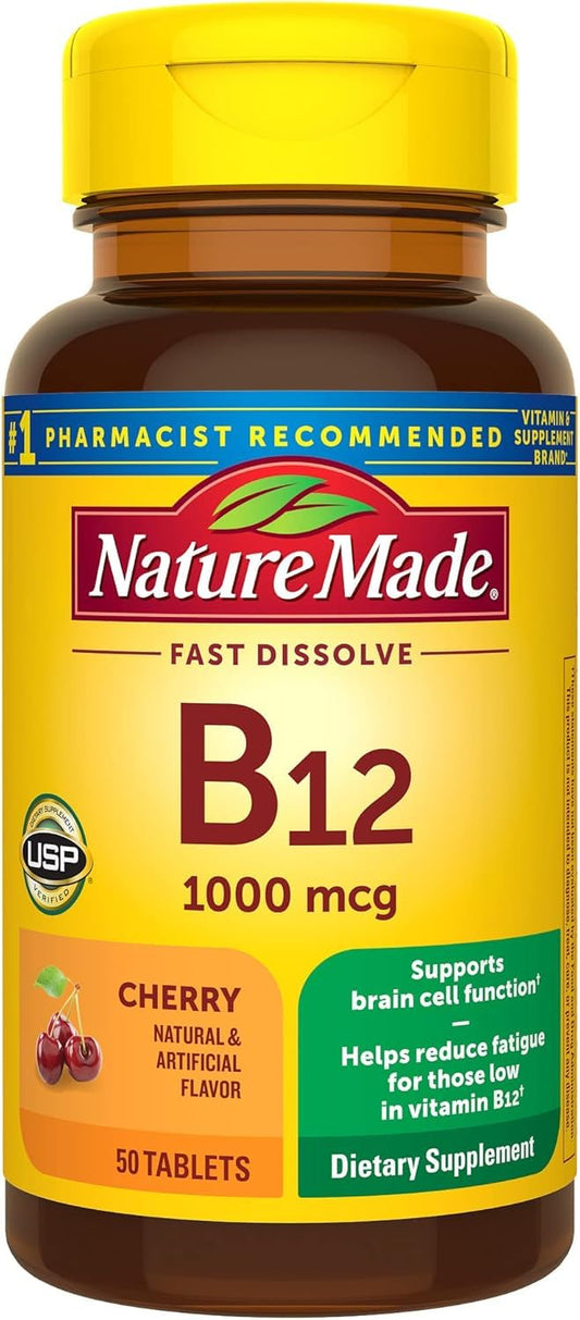 Nature Made B12 sublingual bottle showing lozenges for energy support