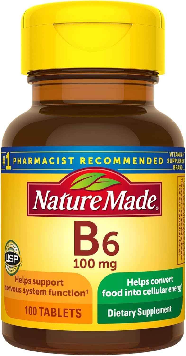 Nature Made Vitamin B-6 100 mg tablets bottle for daily energy support.