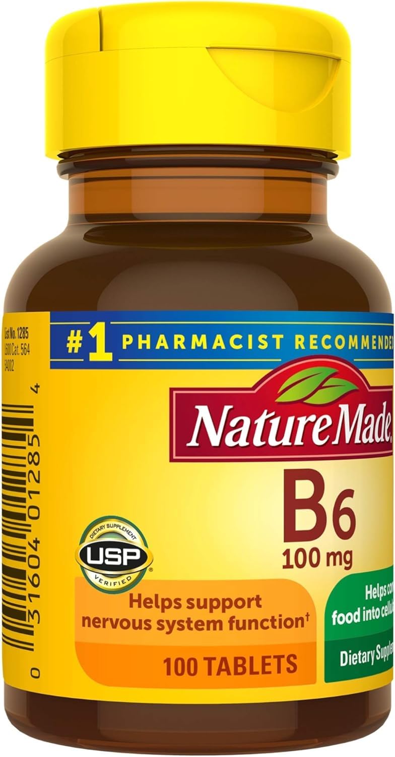 Nature Made Vitamin B-6 100 mg tablets, 100-count, are arranged for a long-lasting supply.