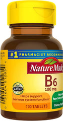 Nature Made Vitamin B-6 100 mg tablets, 100-count, are arranged for a long-lasting supply.
