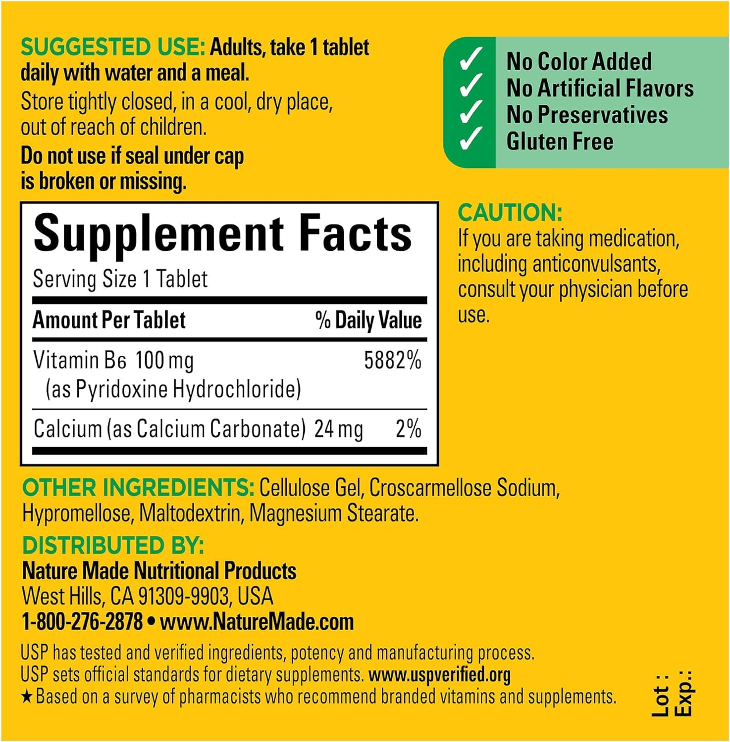 Nature Made Vitamin B-6 100 mg tablets poured from the bottle for easy daily use.