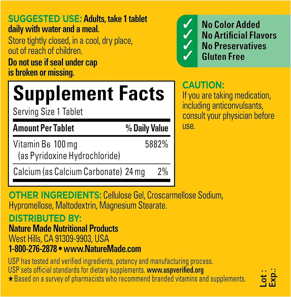 Nature Made Vitamin B-6 100 mg tablets poured from the bottle for easy daily use.