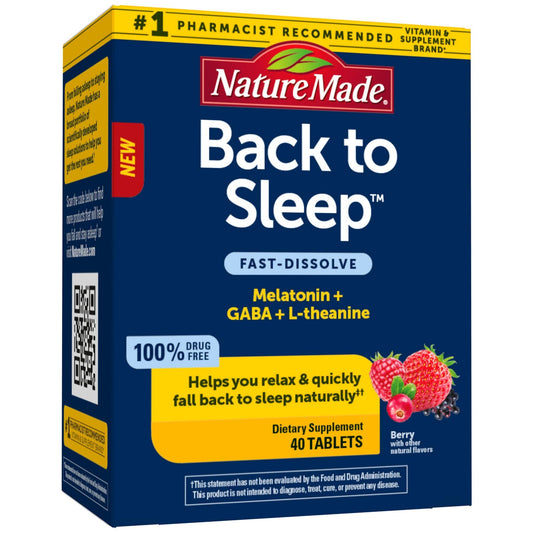 Nature Made Back to Sleep melatonin fast-dissolve tablets in bottle, quick mid-night rest potential.