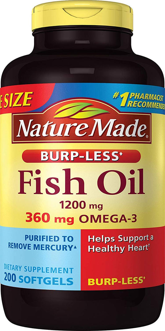 Nature Made Burp-Less Fish Oil 1200 mg bottle, easy daily omega-3