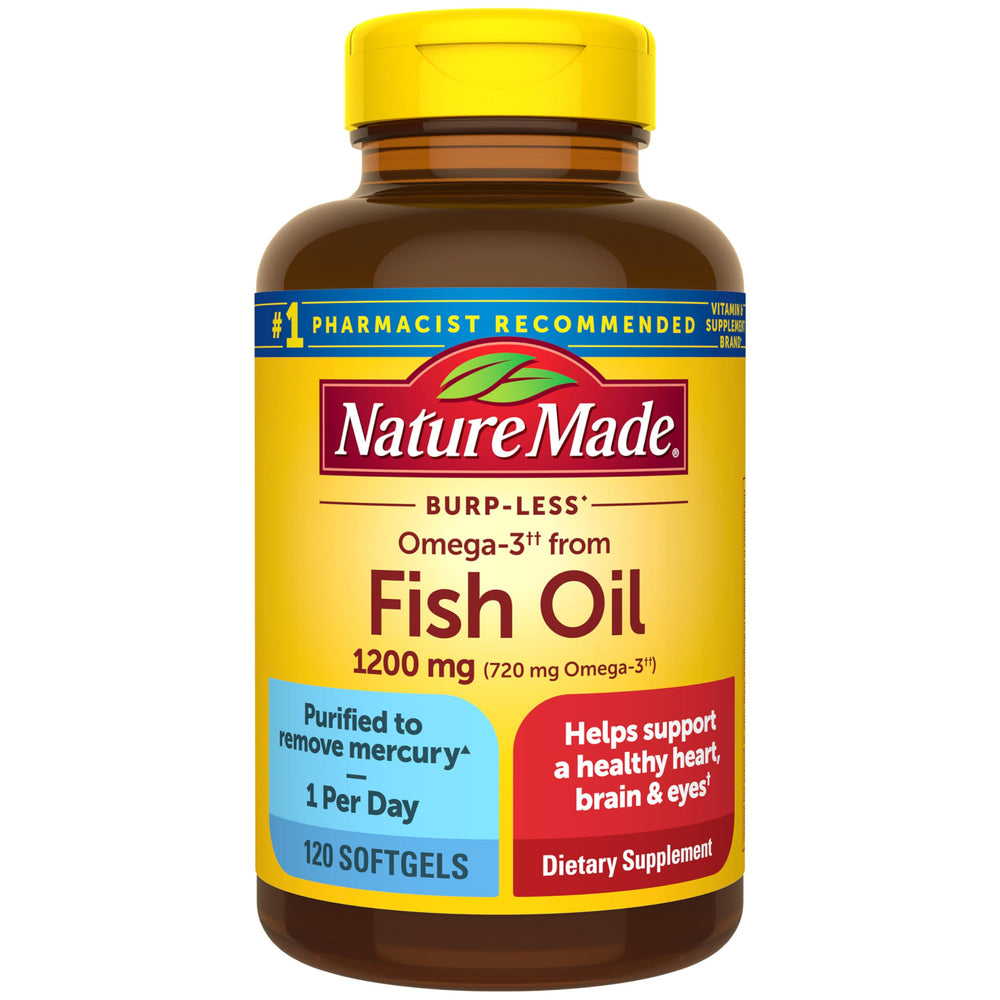 Nature Made Burp Less Omega-3 bottle front with 1200 mg softgels for daily use.