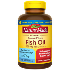 Nature Made Burp Less Omega-3 bottle front with 1200 mg softgels for daily use.