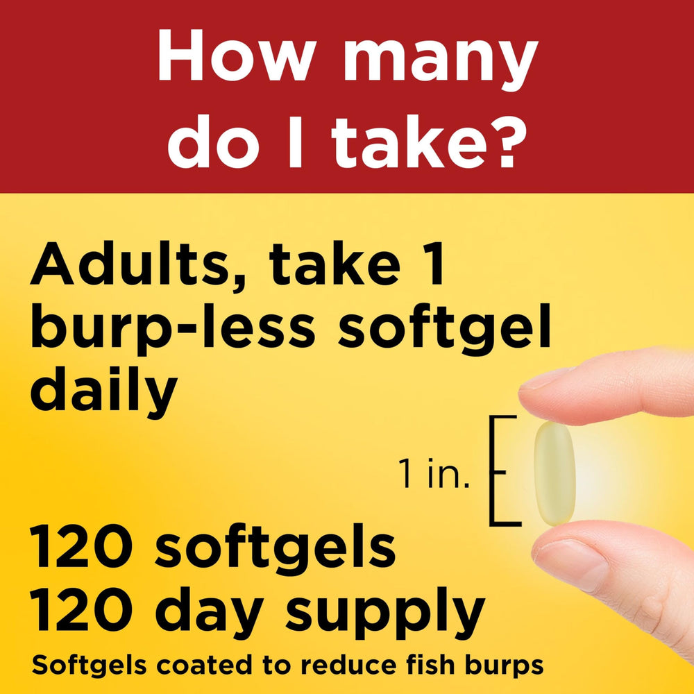 Detailed label of Nature Made Burp Less Omega-3 showing purity notes.