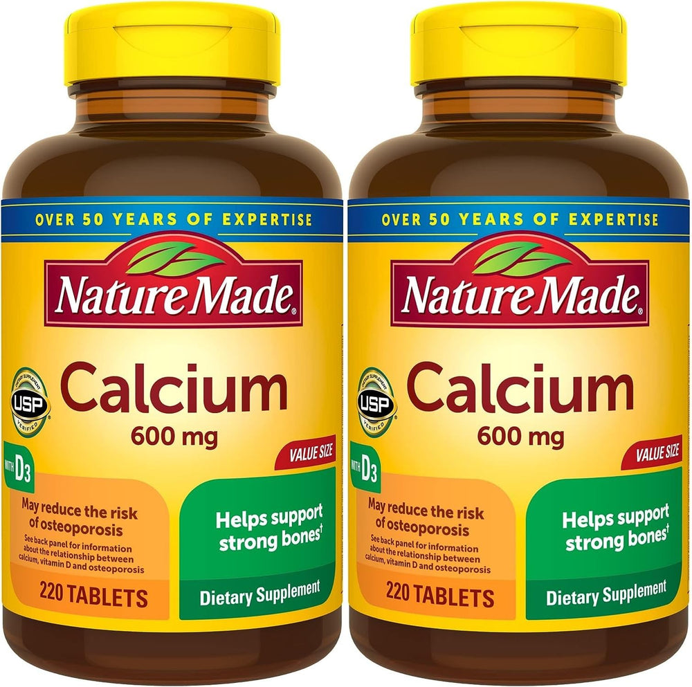 Nature Made Calcium 600 mg with Vitamin D3 bottle front view supports bone health with meals