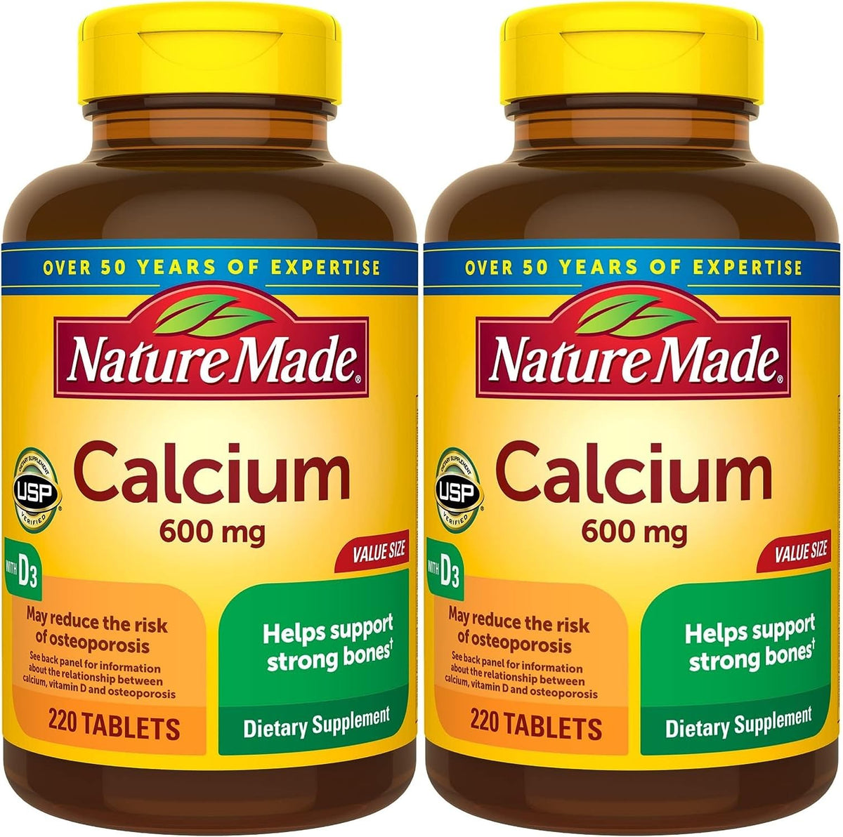 Nature Made Calcium 600 mg with Vitamin D3 bottle front view supports bone health with meals