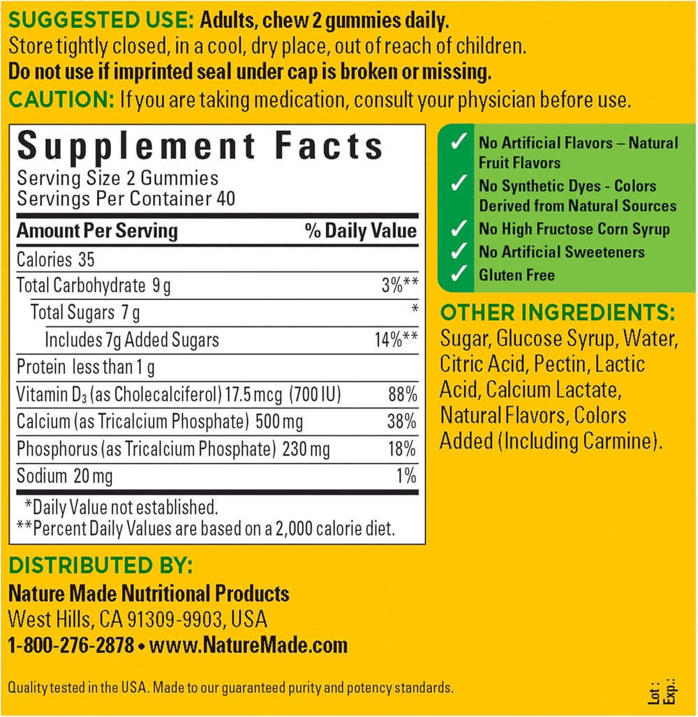 Nature Made Calcium Adult Gummies bottle back view with label information