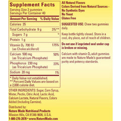 Closeup of Nature Made Calcium Adult Gummies bottle dispensing gummies for daily calcium