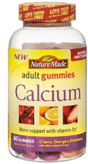 Nature Made Calcium Adult Gummies front pack shows cherry, orange, and strawberry flavors for bone support