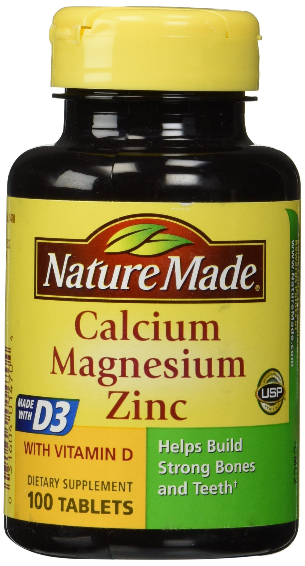 Nature Made calcium magnesium zinc tabs bottle highlighting bone health packaging