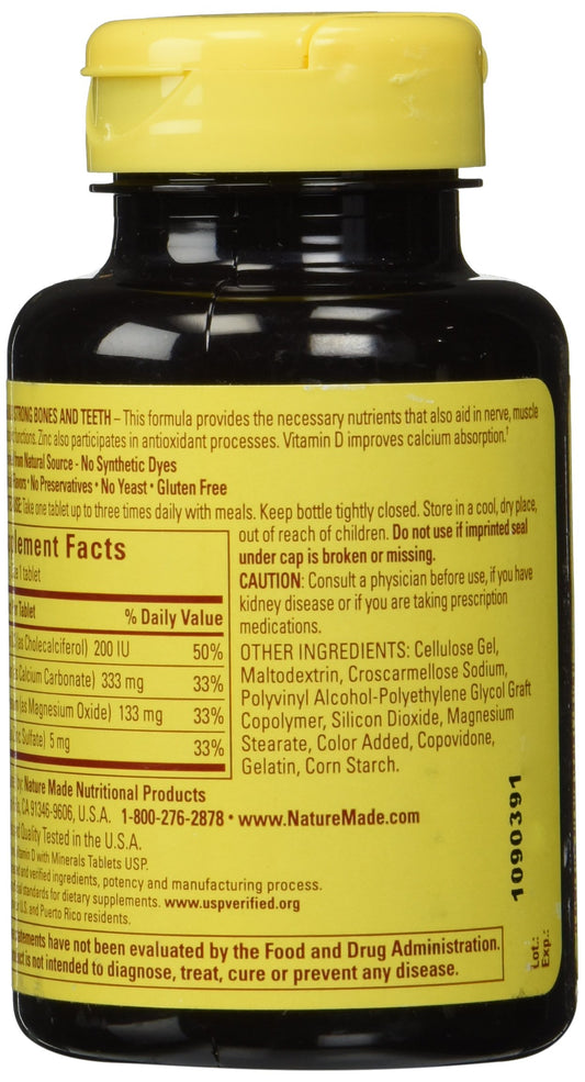 Nature Made calcium magnesium zinc tabs label emphasizing minerals for bone and teeth health