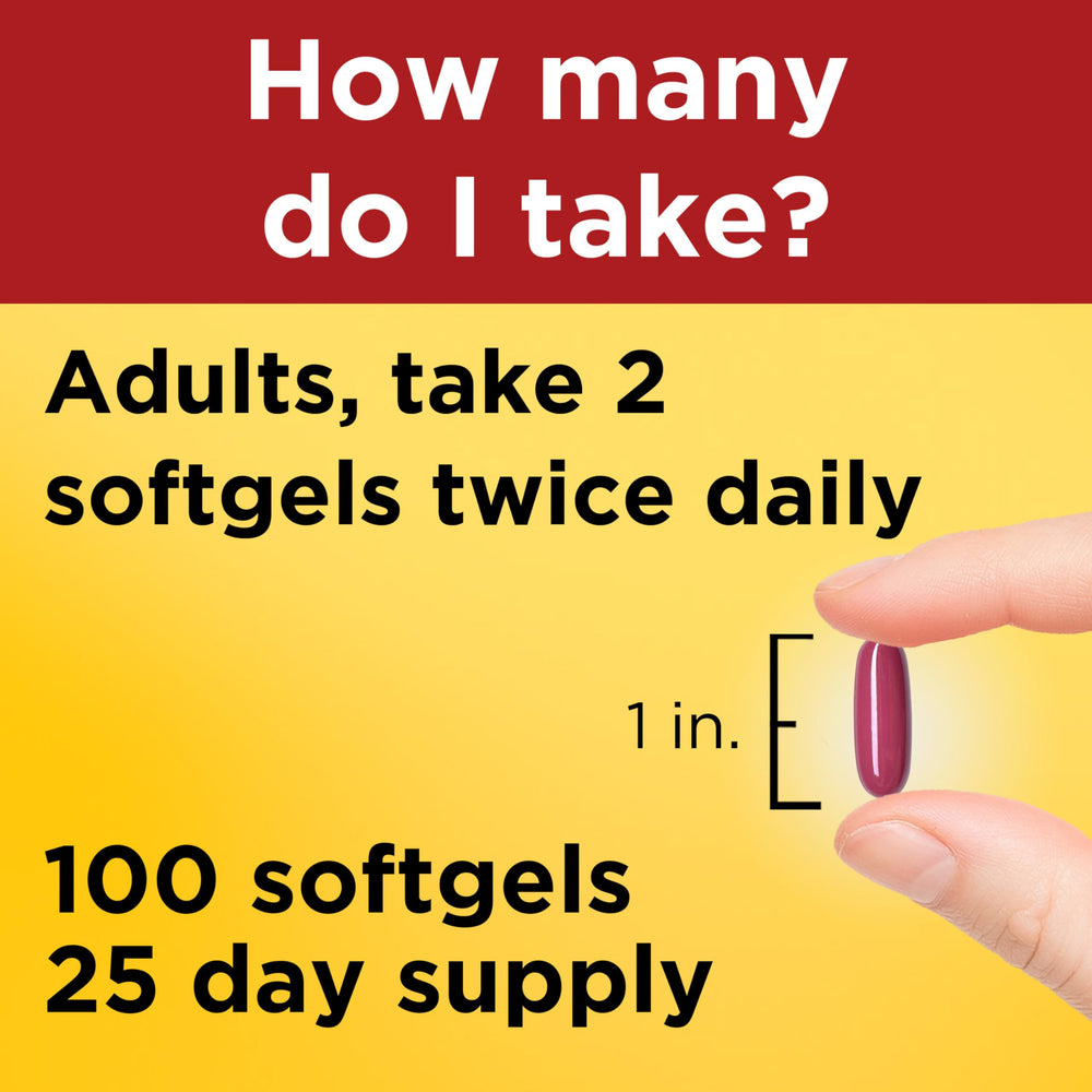 Two softgels with water illustrating twice-daily dosing