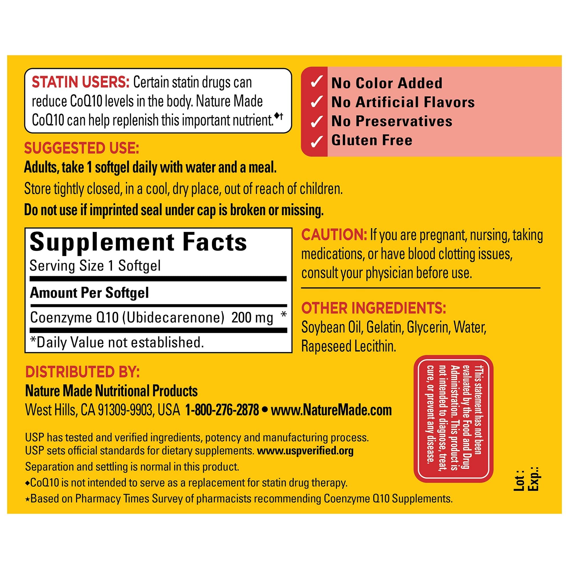 Nature Made CoQ10 200 mg bottle label shows USP verification and potency