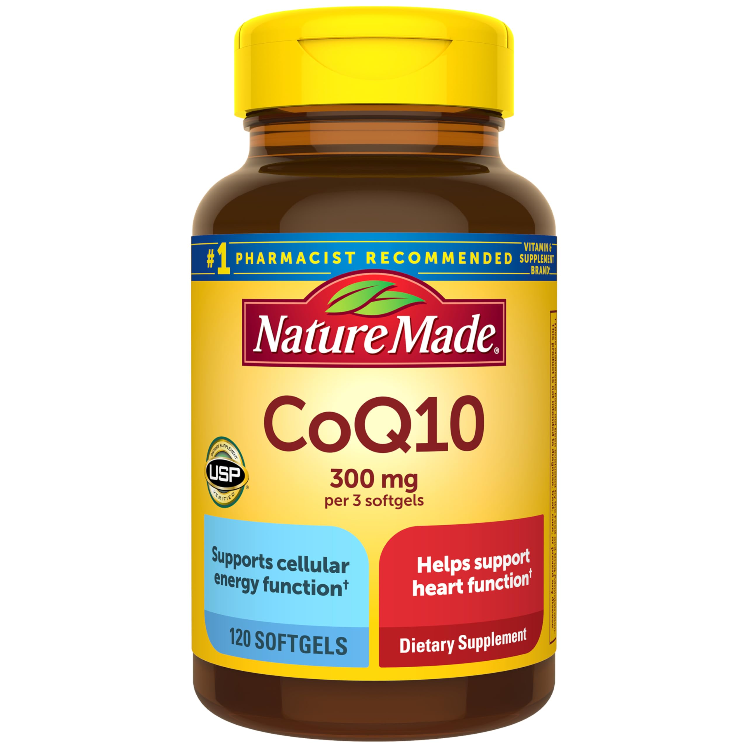 Nature Made CoQ10 300 mg bottle front may support heart health and cellular energy.