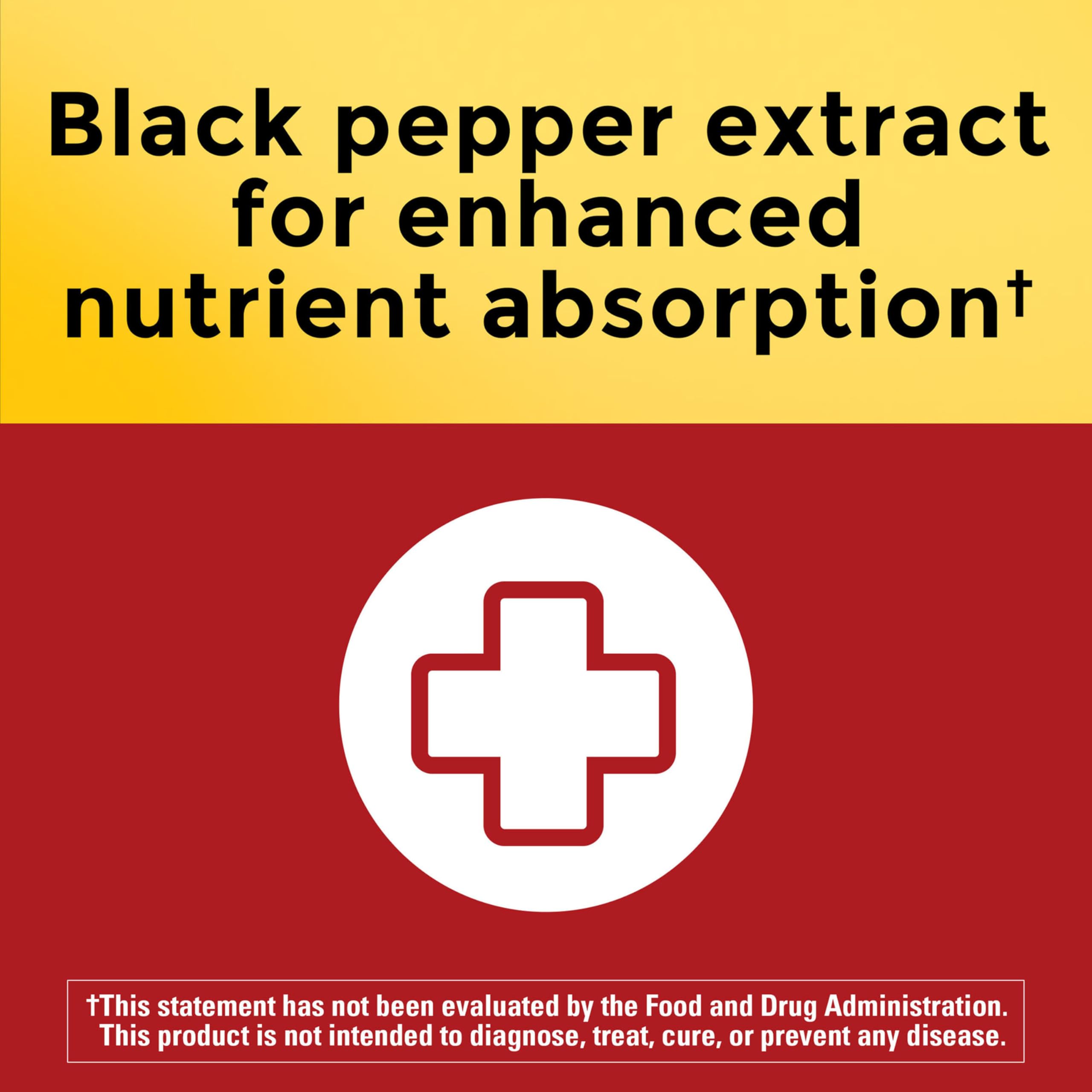 Nature Made CoQ10 with black pepper extract visual highlighting enhanced absorption.