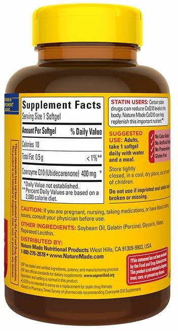 Nature Made CoQ10 softgel capsules close-up, 90 servings per container for daily use.
