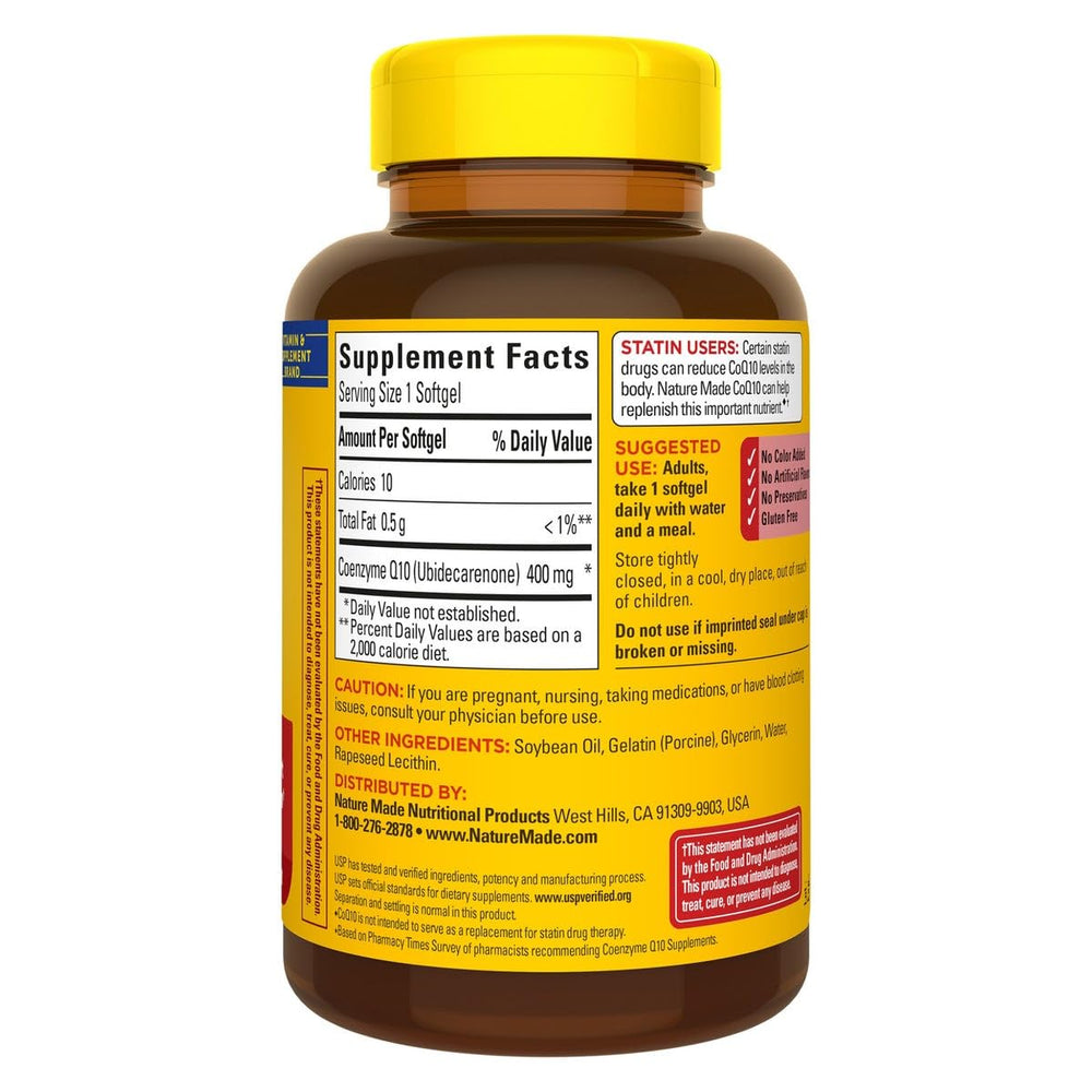 Nature Made CoQ10 softgels 400mg pack close-up, highlighting cellular energy benefits