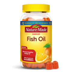 Nature Made Fish Oil Gummies orange bottle, convenient daily omega-3 source.