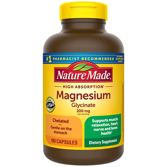 Nature Made Magnesium Glycinate bottle with 200 mg caplets for gentle daily support.