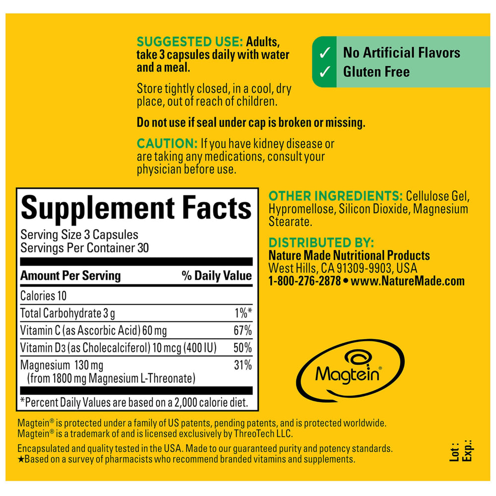 Nature Made Magnesium L-Threonate product label reading highlights Magtein technology.