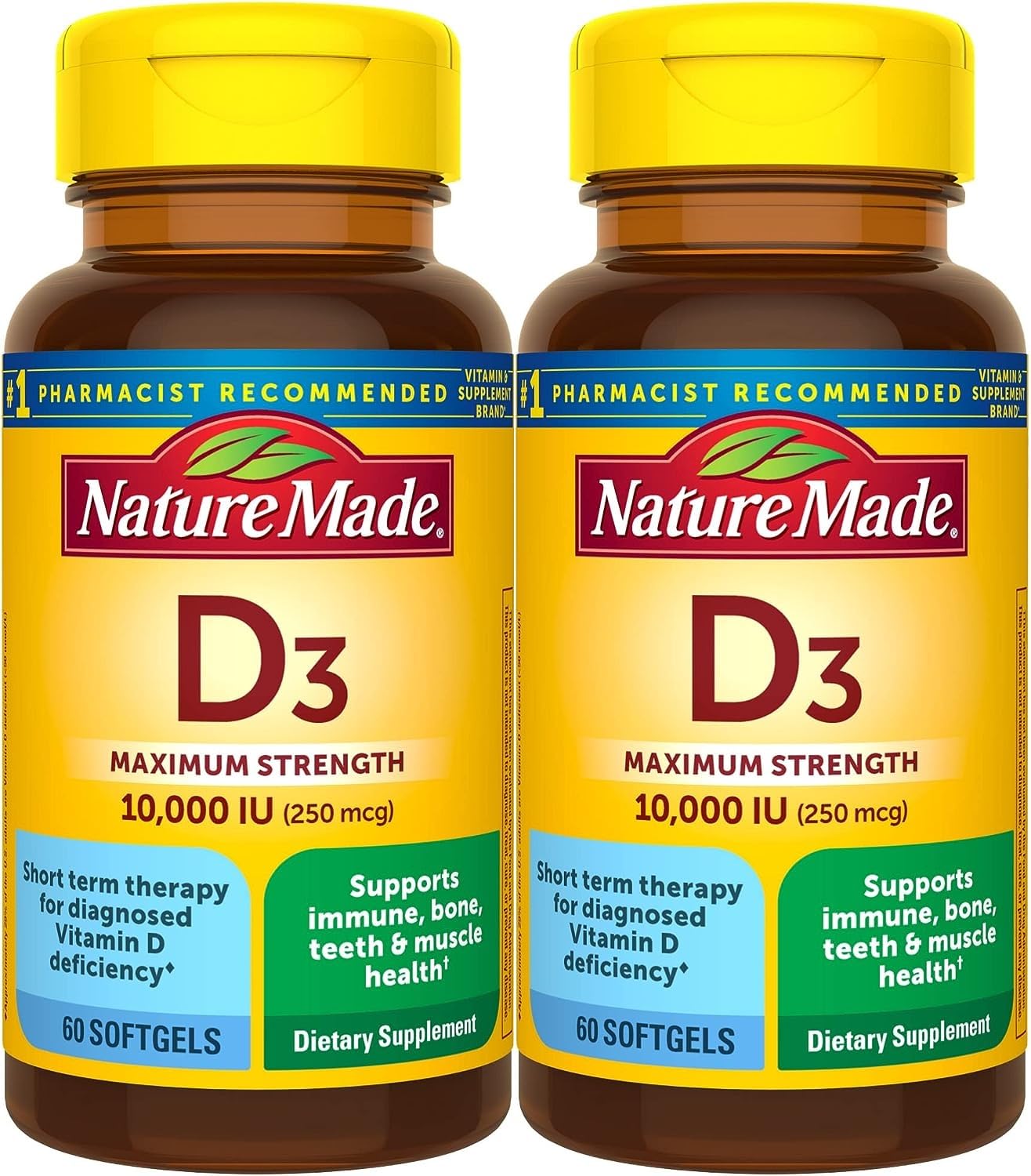 Nature Made Maximum Strength Vitamin D3 bottle with 60 softgels supports bone and immune health.