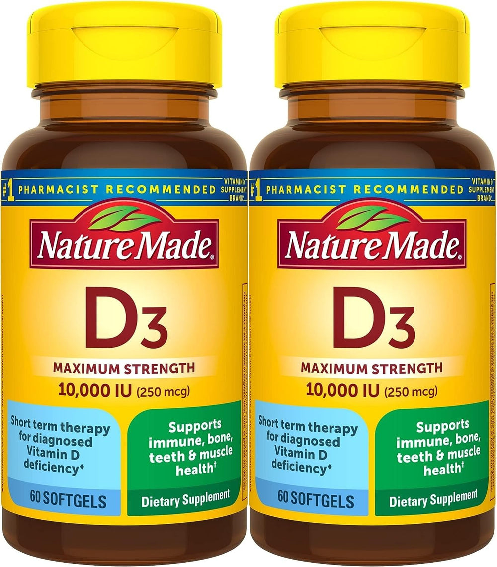 Nature Made Maximum Strength Vitamin D3 bottle with 60 softgels supports bone and immune health.
