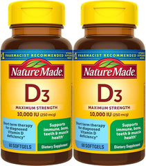 Nature Made Maximum Strength Vitamin D3 bottle with 60 softgels supports bone and immune health.