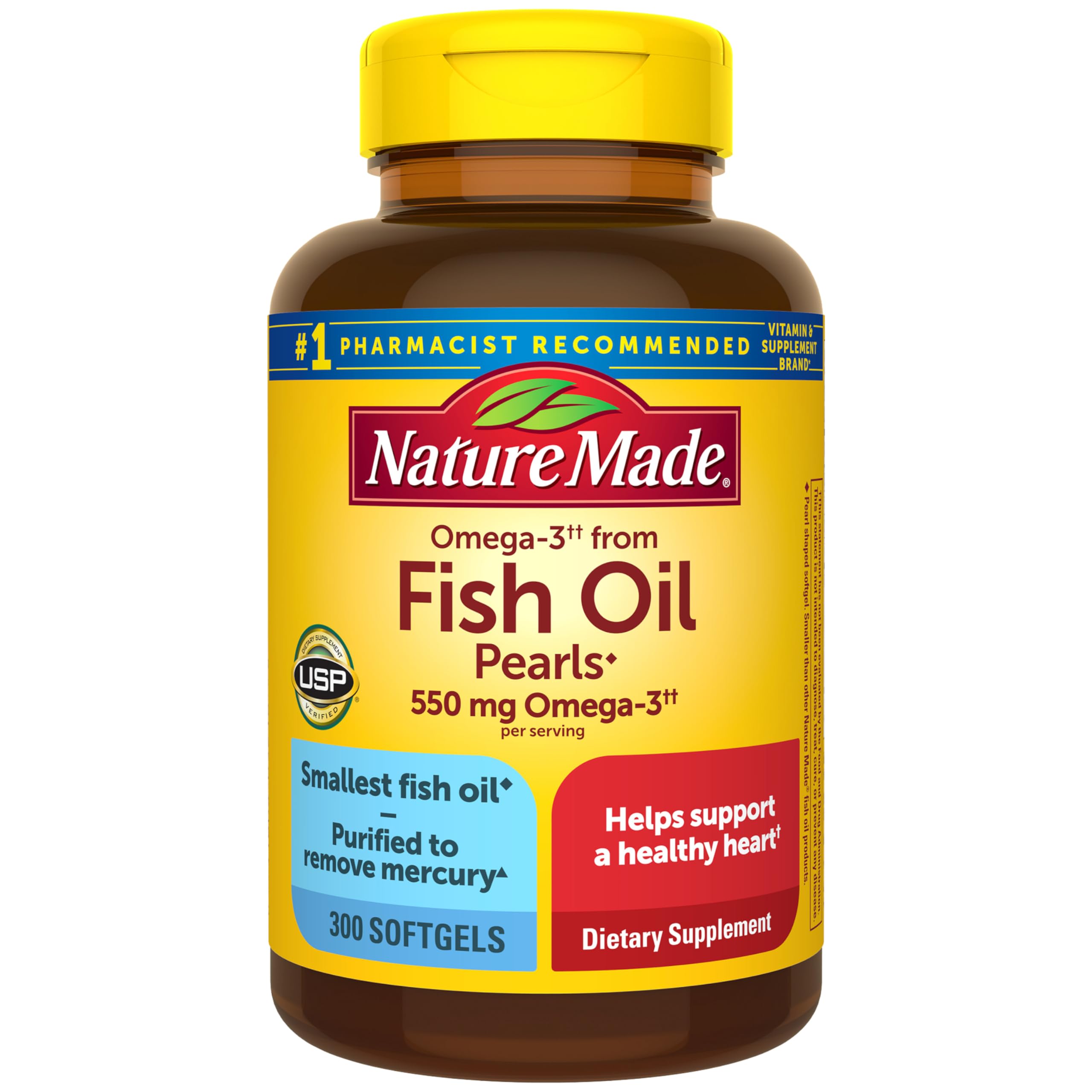 Nature Made Omega-3 Pearl Softgels close-up for heart health support.
