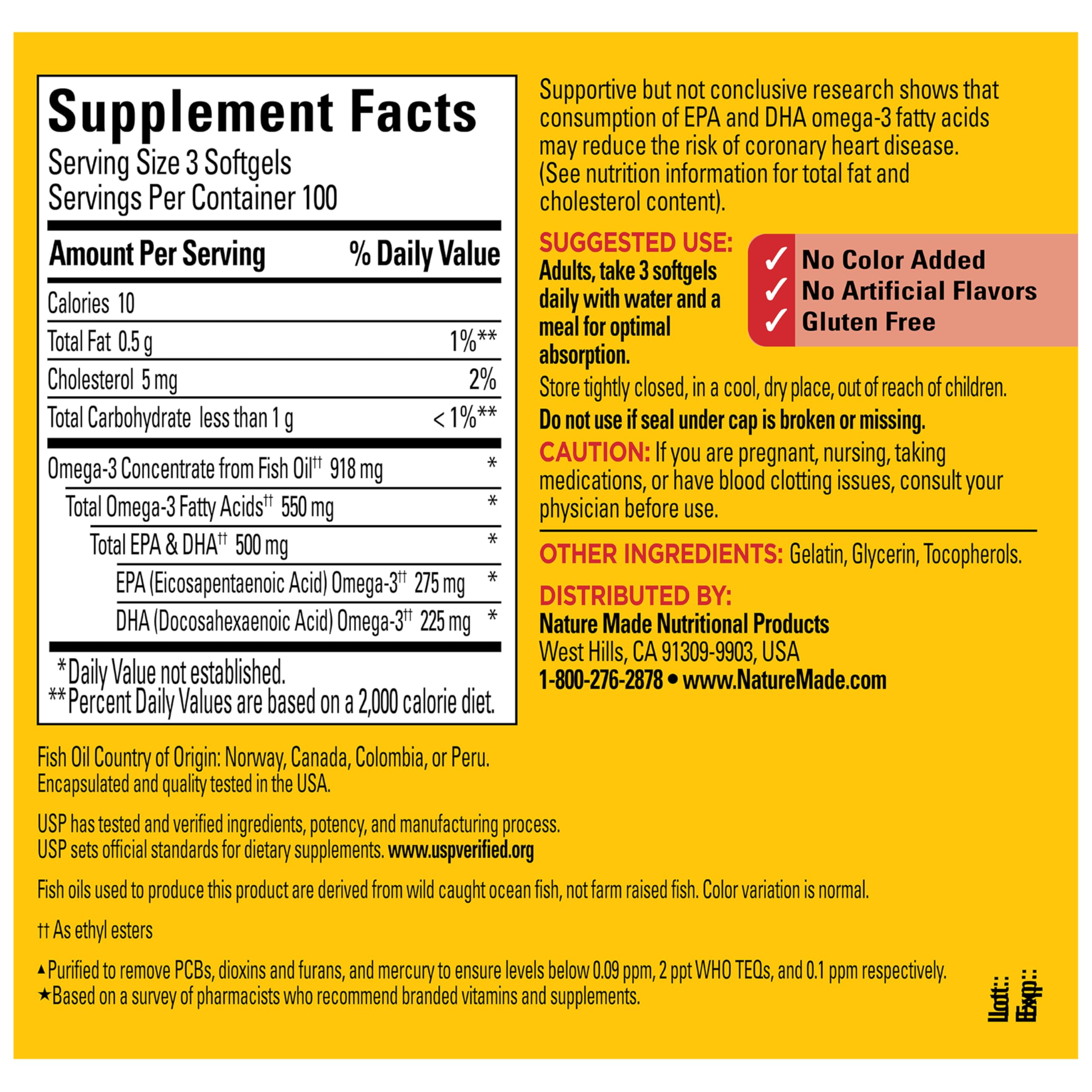 Nature Made Omega-3 three-softgel serving illustrates daily serving size.