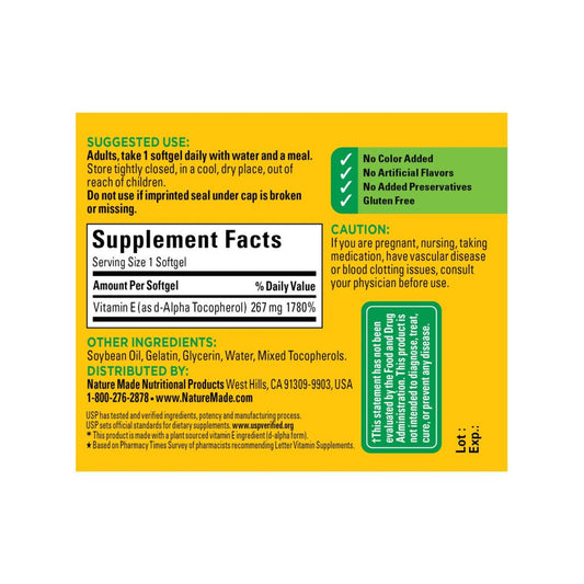 Close-up of Nature Made Vitamin E d-alpha softgels plant-derived