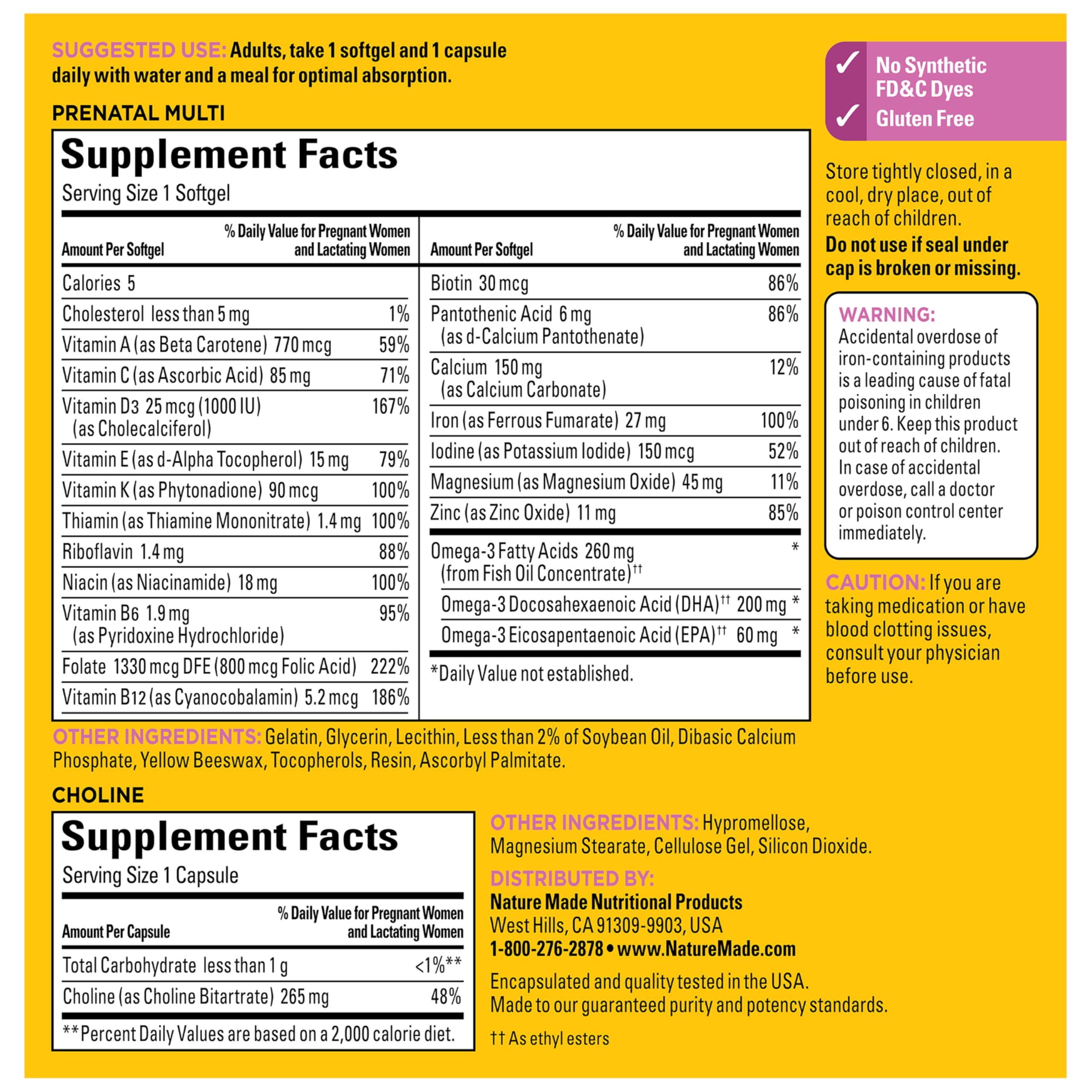 Nature Made prenatal duo supports absorption with balanced nutrients.