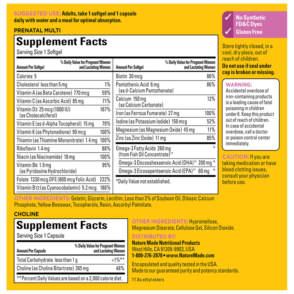 Nature Made prenatal duo supports absorption with balanced nutrients.