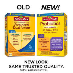 Close-up of Nature Made Probiotics capsules inside bottle.